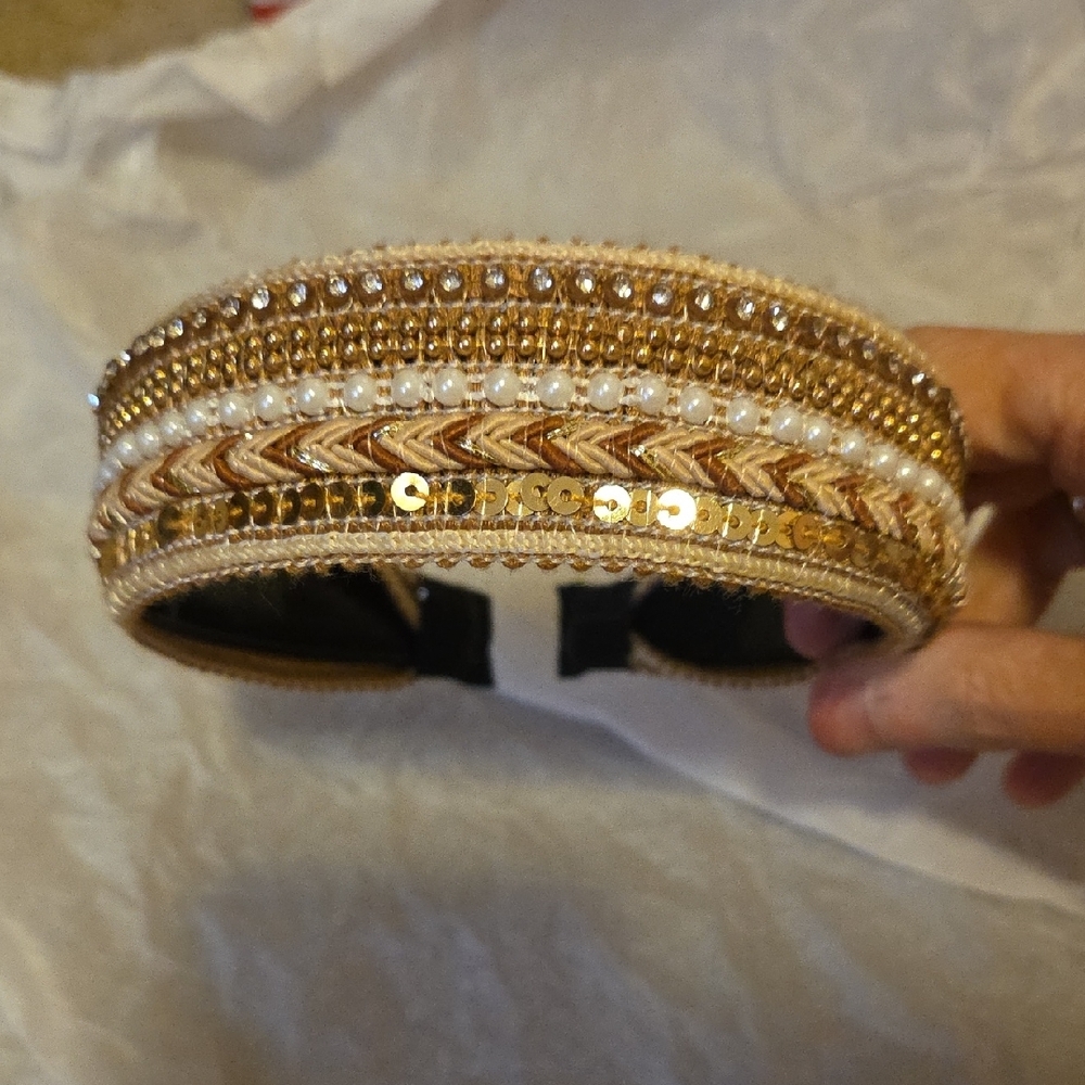 Elegant Gold and Cream Beaded Headband
